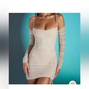 Oh Polly Tie Mesh Mini Dress‎ in Sand size 8